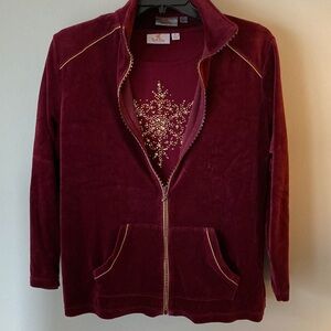 Quacker Factory velour Burgundy Zip-Up Jacket with pants. SS tee with snowflake.